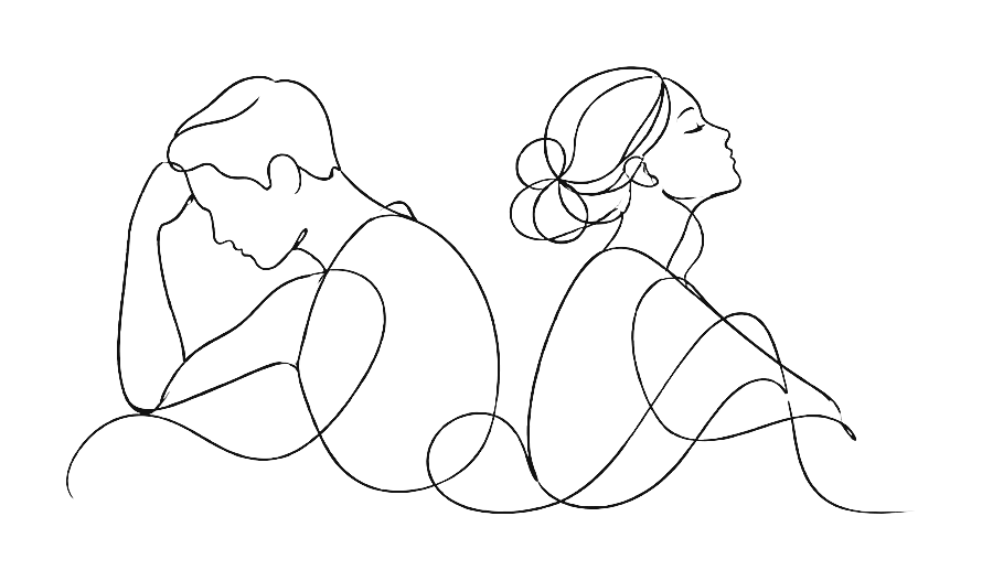 Dessin au trait d'un couple assis dos à dos – baisse de désir dans le couple, consultation à Éghezée, près de Namur